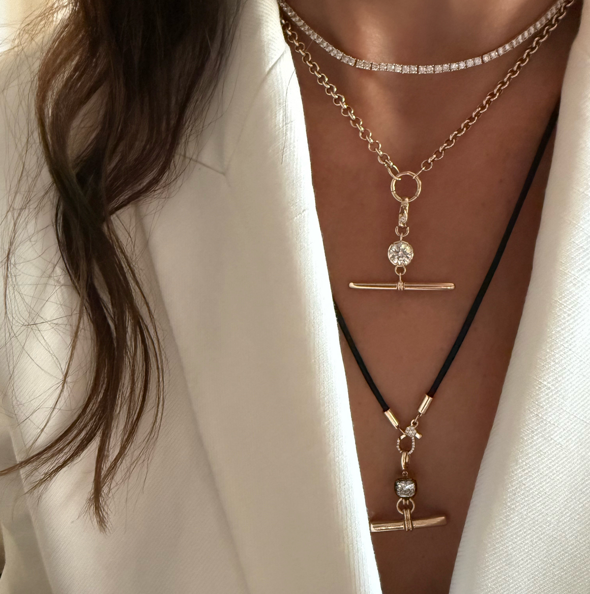 14KT Gold Diamond Long Leather Cord Chain Necklace