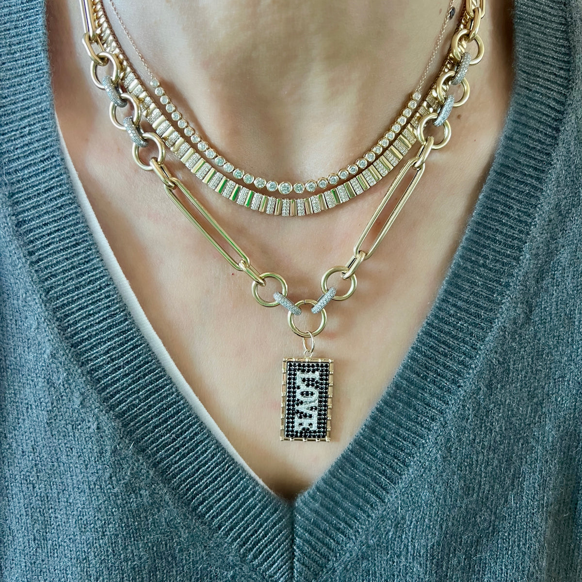 14KT Gold Diamond Fia Bezel Set Tennis Necklace On Bolo Chain