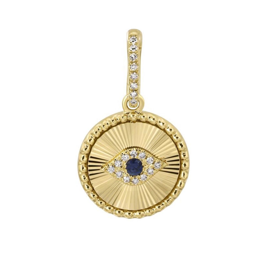 14KT Gold Diamond Fluted Mini Disk Evil Eye Pendant Charm