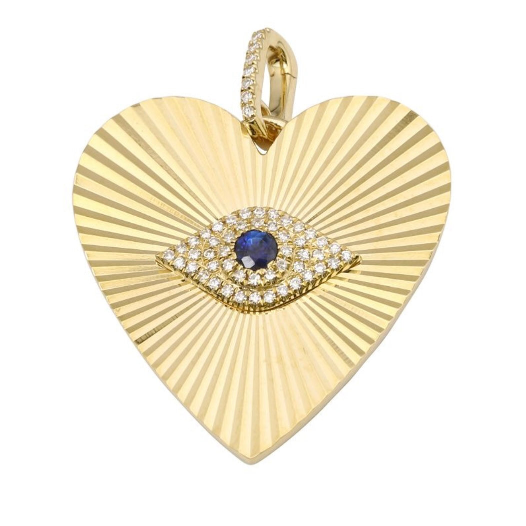 14KT Gold Diamond Fluted Large Evil Eye on Heart Pendant Charm