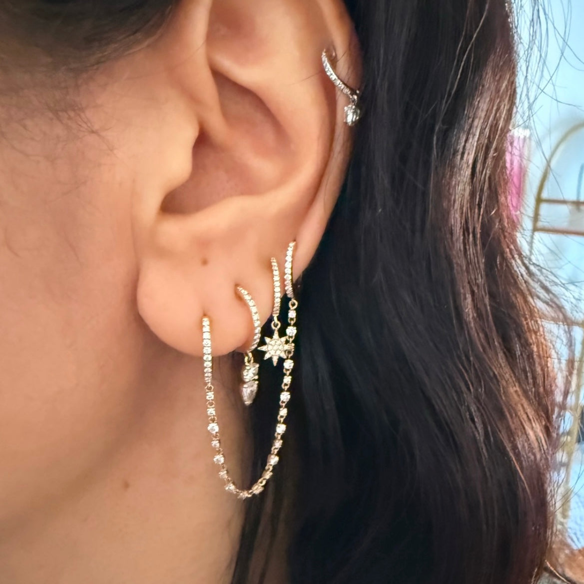 14KT Gold Diamond Double Huggie Earrings on Diamond Chain