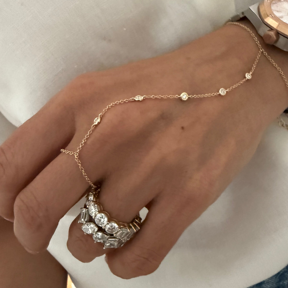 14KT Gold 5 Bezel Set Diamond Finger Bracelet