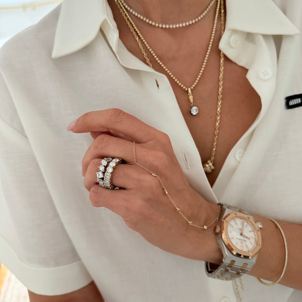 14KT Gold 5 Bezel Set Diamond Finger Bracelet