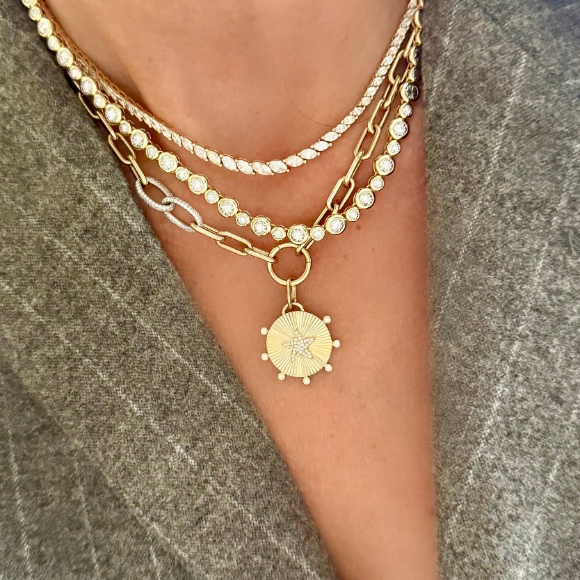 14KT Gold Diamond Fluted Disk Star Pendant Charm