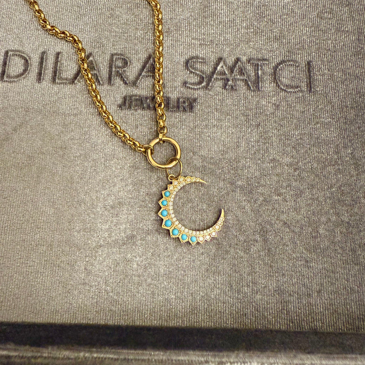14KT Gold Diamond Turquoise / Emerald Crescent Moon Pendant Charm