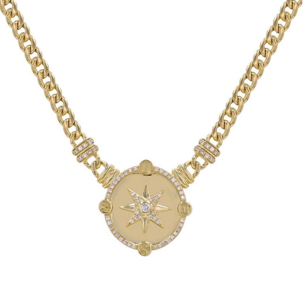 14KT Gold Diamond Star Disc on Cuban Chain Necklace