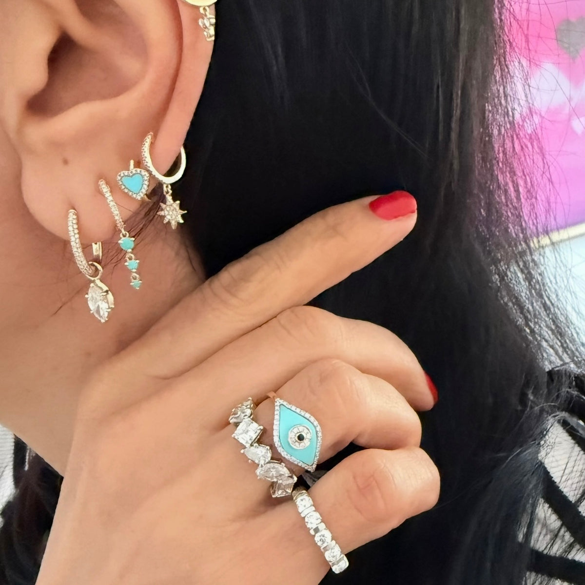 14KT Gold Diamond Turquoise Evil Eye Ring