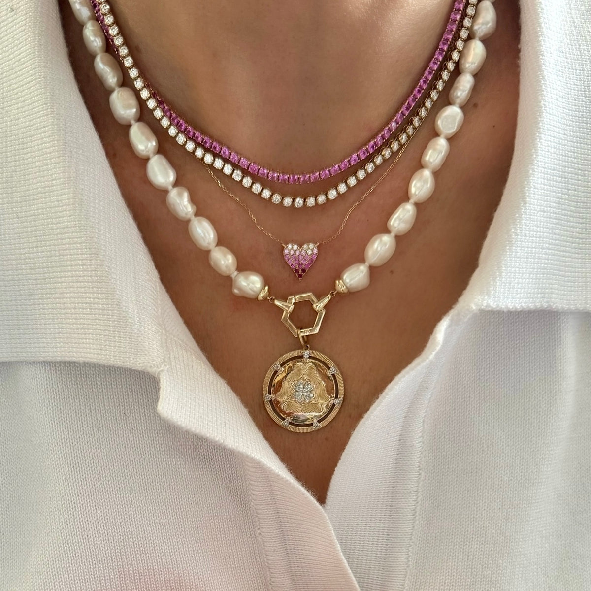 14KT Gold Pink Sapphire Signature Tennis Necklace