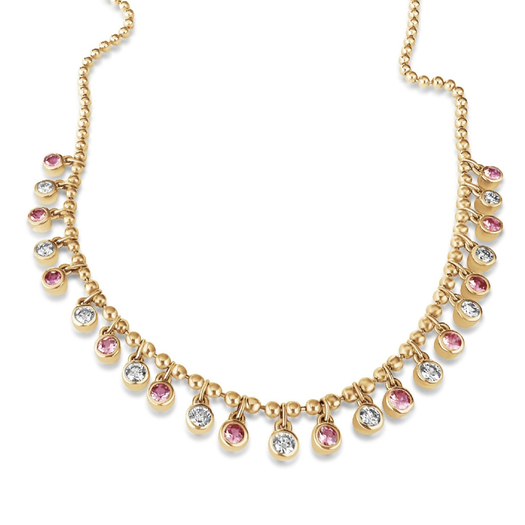 14KT Gold Diamond and Pink Sapphire Shaker Necklace