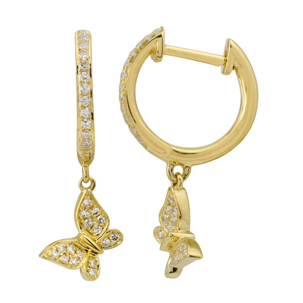 14KT Gold Diamond Butterfly Drop Huggie Earrings