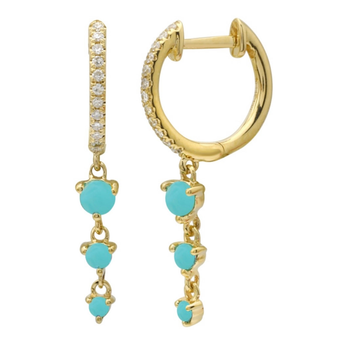 14KT Gold Diamond Ruby / Turquoise Drop Huggie Earrings