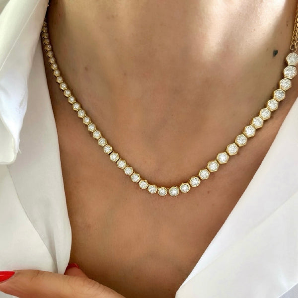 14KT Gold Diamond The Line Hexagon Asymmetrical Tennis Necklace