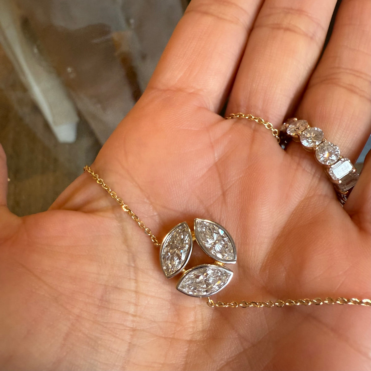 14KT Gold 2.56ct Triple Marquise Lab Diamond Necklace