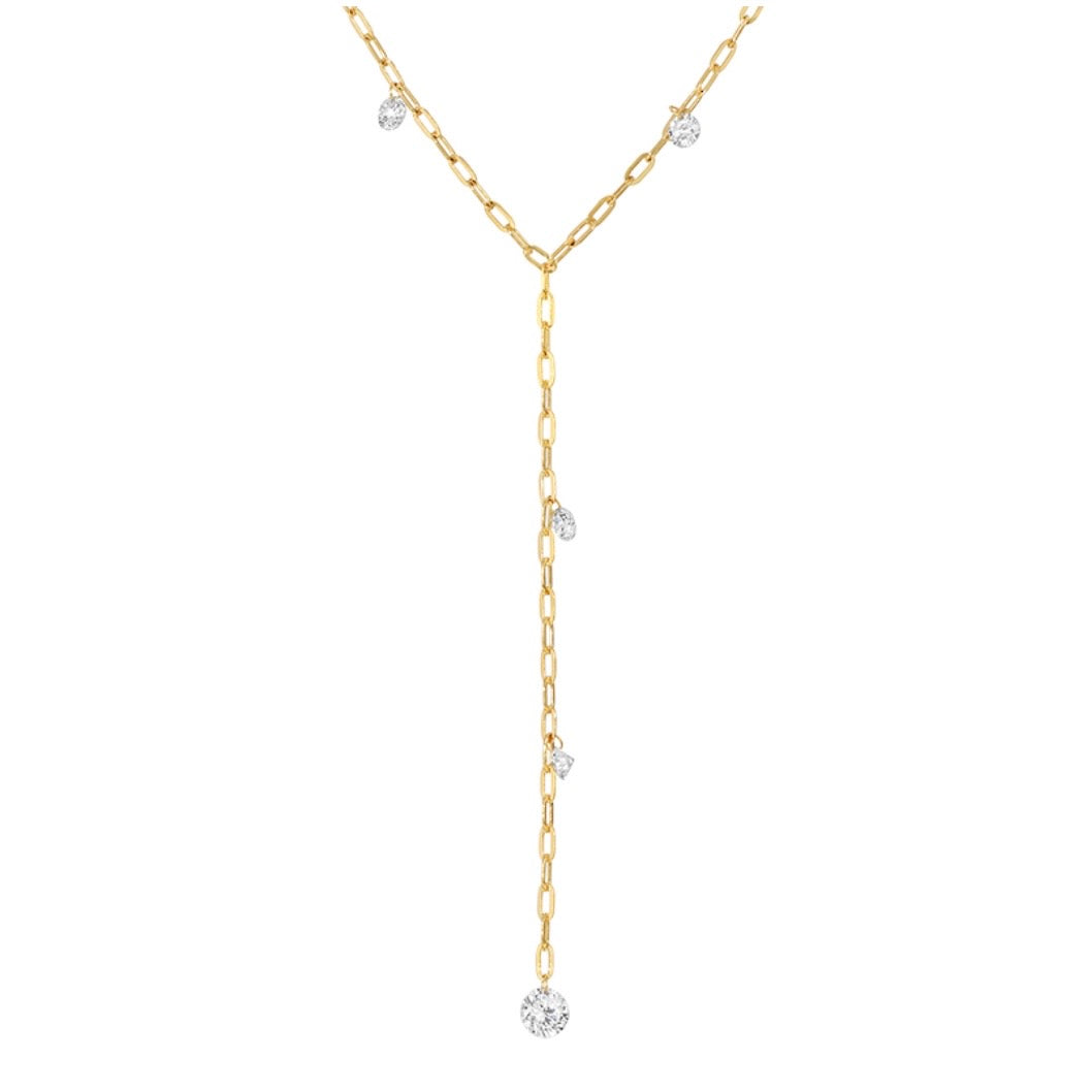 14KT Gold 1.15ct Floating Drilled Lab Diamond Lariat Necklace