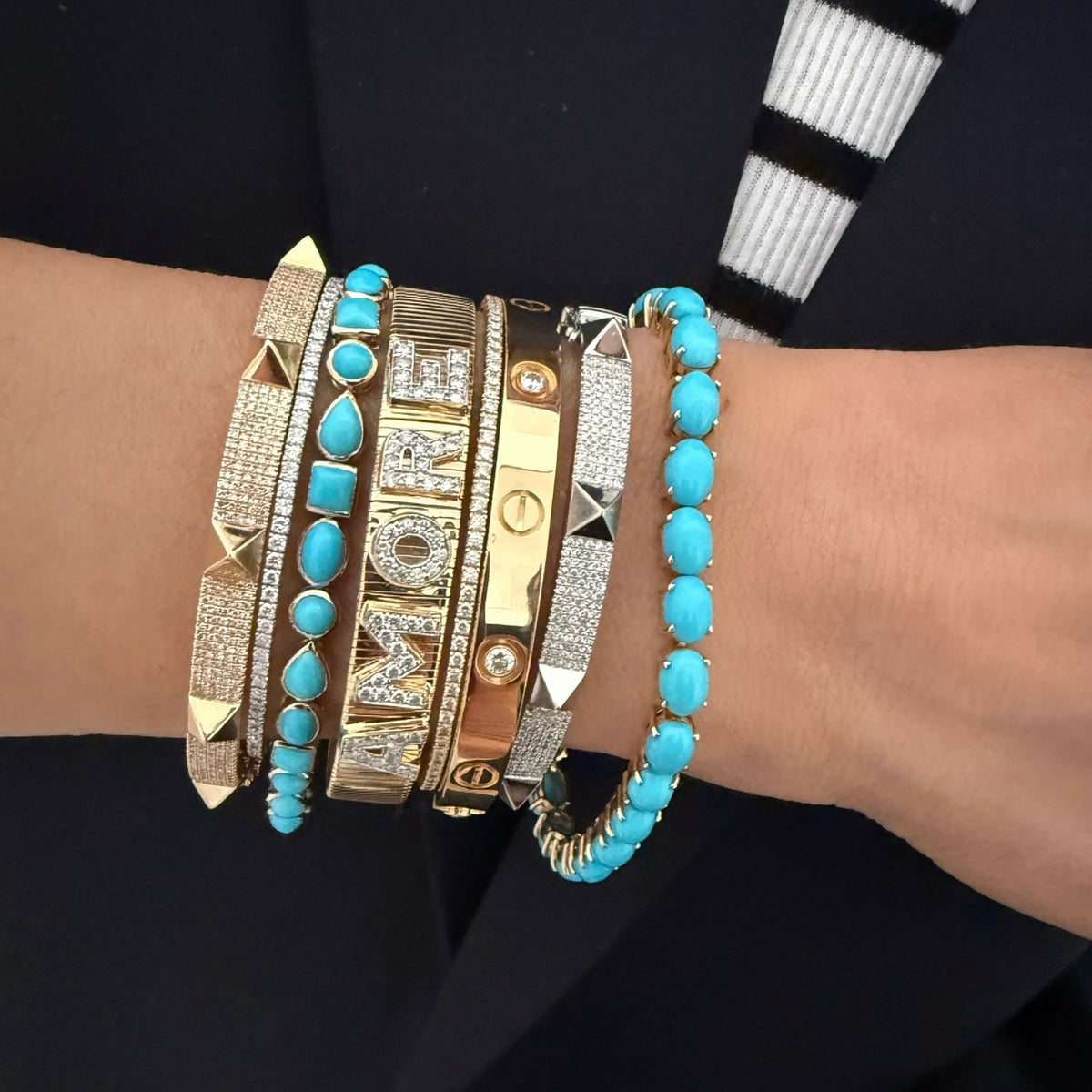 14KT Gold Sleeping Beauty Multi Shaped Signature Turquoise Bracelet