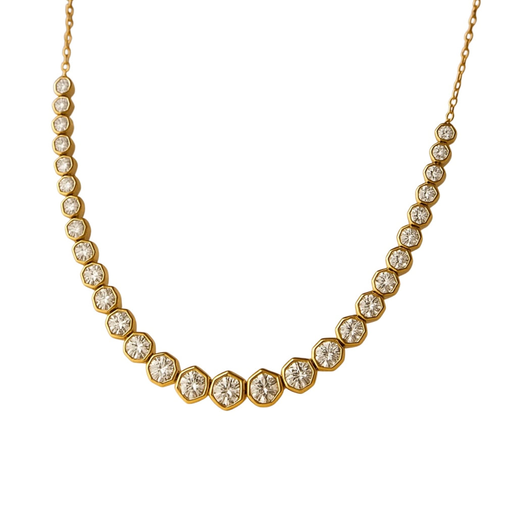 14KT Gold Hexagon Bezel Set Diamond Tennis Necklace