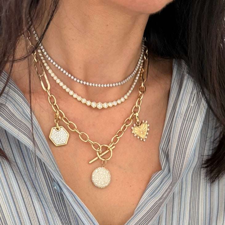 14KT Gold Mixed Links Toggle Charm Chain Necklace