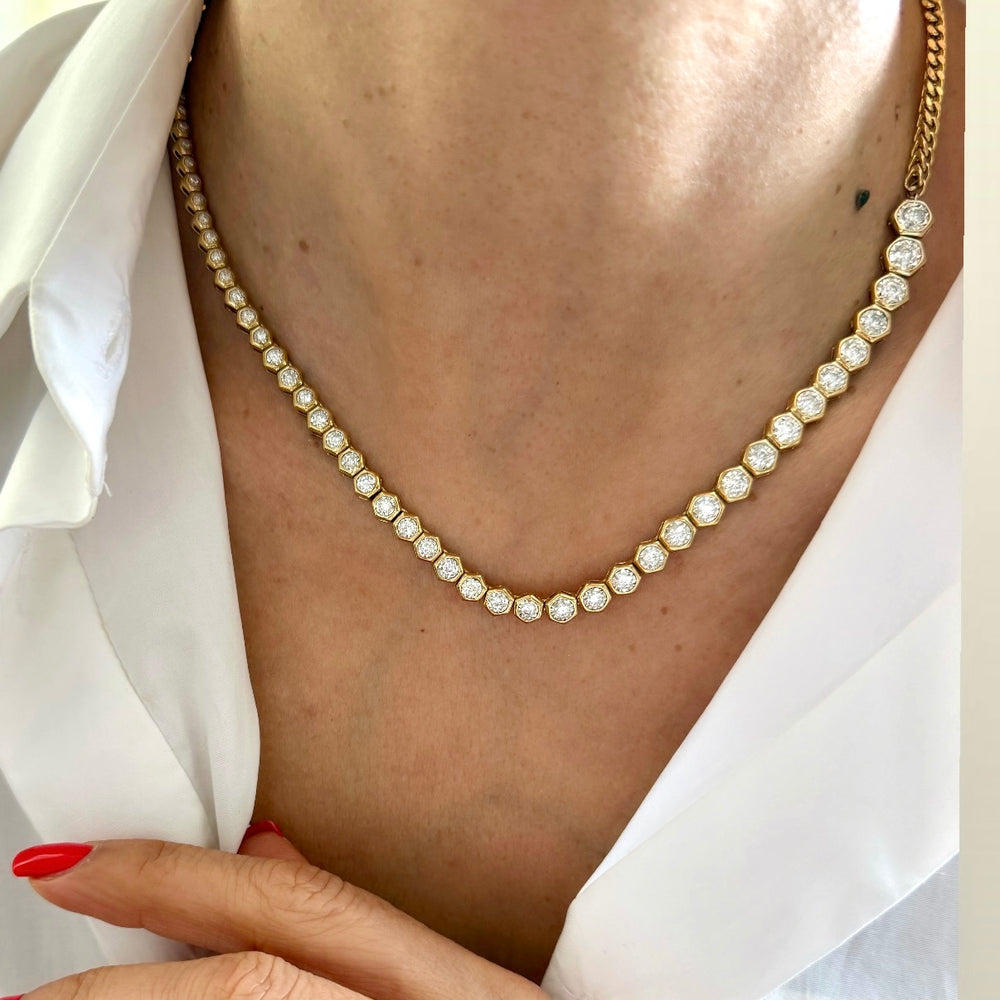 14KT Gold Hexagon Bezel Set Asymmetrical Tennis Necklace
