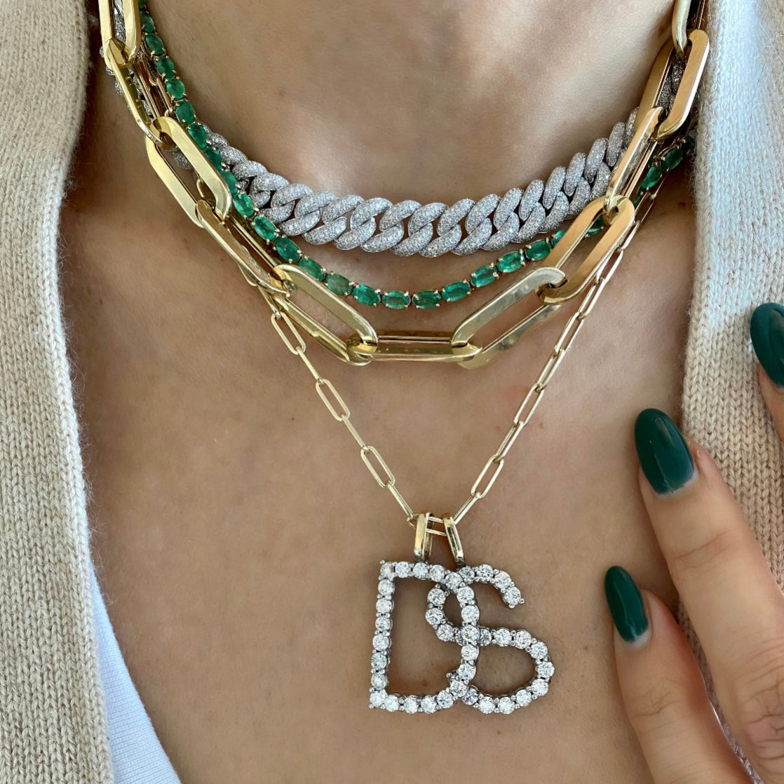 14KT Gold Oval Cut Emerald Giulietta Luxe Tennis Necklace