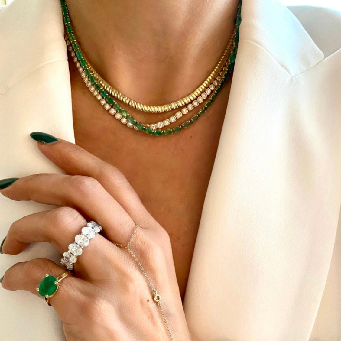 14KT Gold Oval Cut Emerald Giulietta Luxe Tennis Necklace
