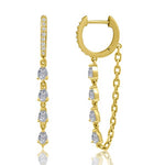 14KT Gold Pear Cut Diamonds on Chain Goddess  Huggie Earring