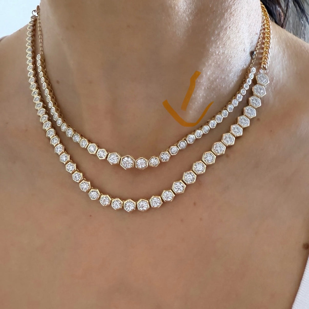 14KT Gold Hexagon Bezel Set Diamond Tennis Necklace