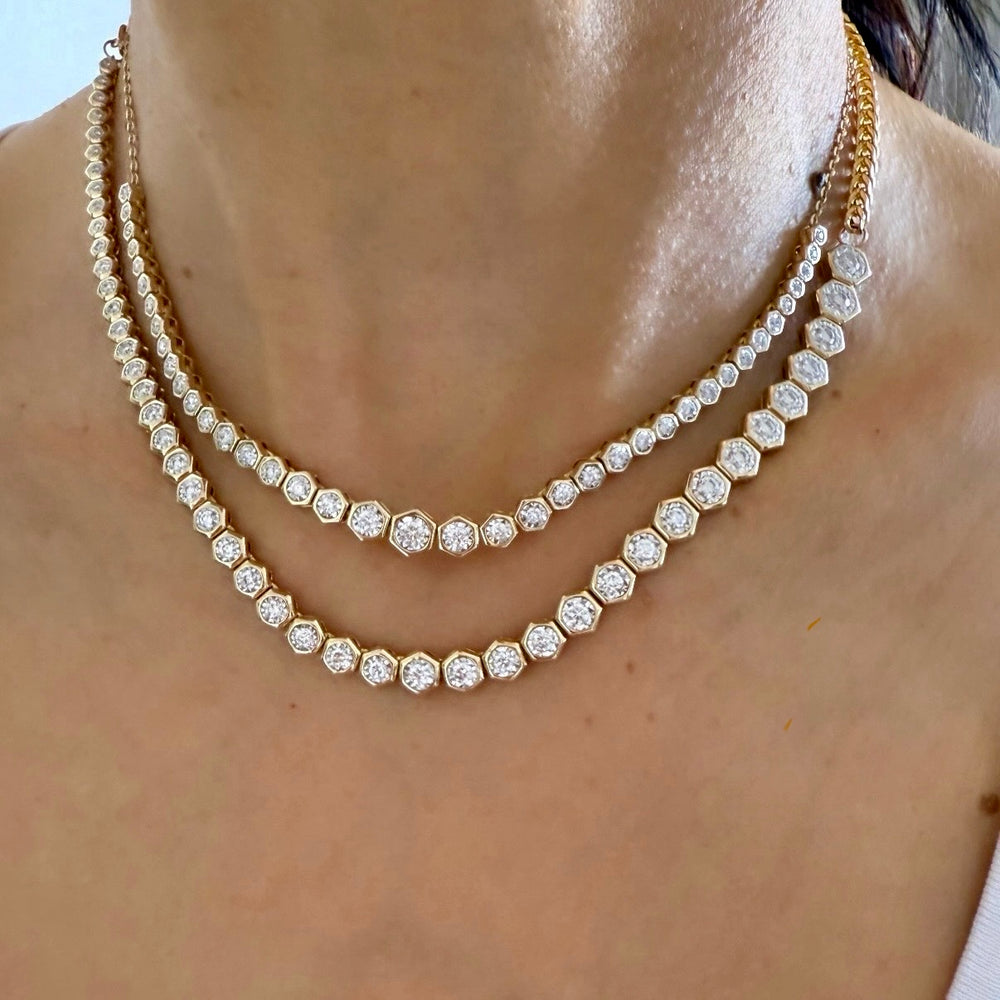 14KT Gold Hexagon Bezel Set Asymmetrical Tennis Necklace