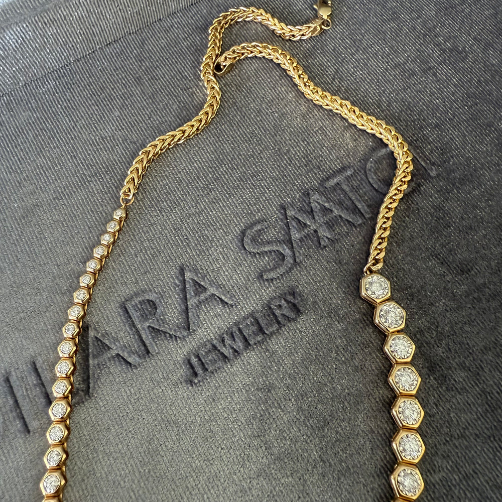 14KT Gold Hexagon Bezel Set Asymmetrical Tennis Necklace