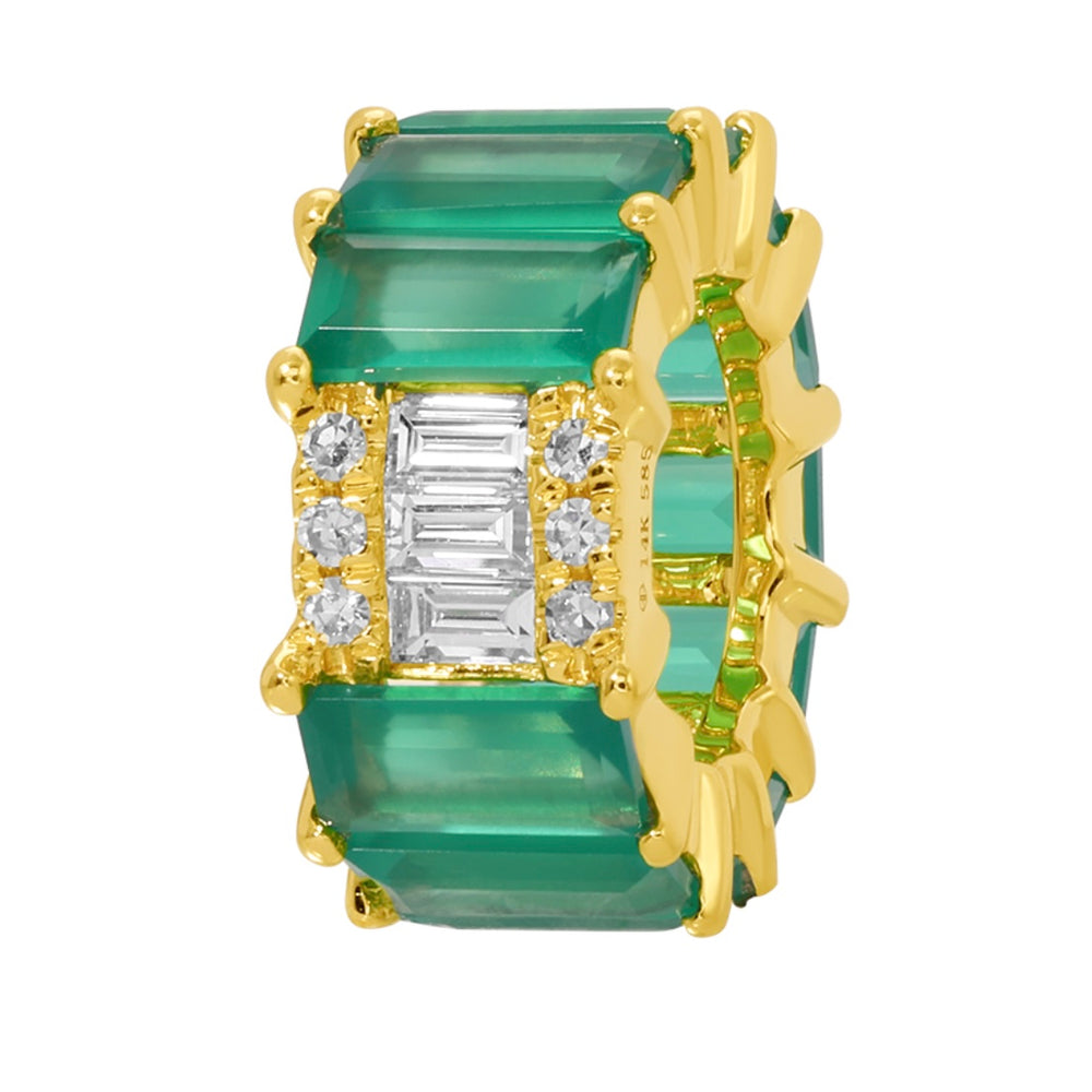 14KT Gold Baguette Diamond Green Chalsedony Bead