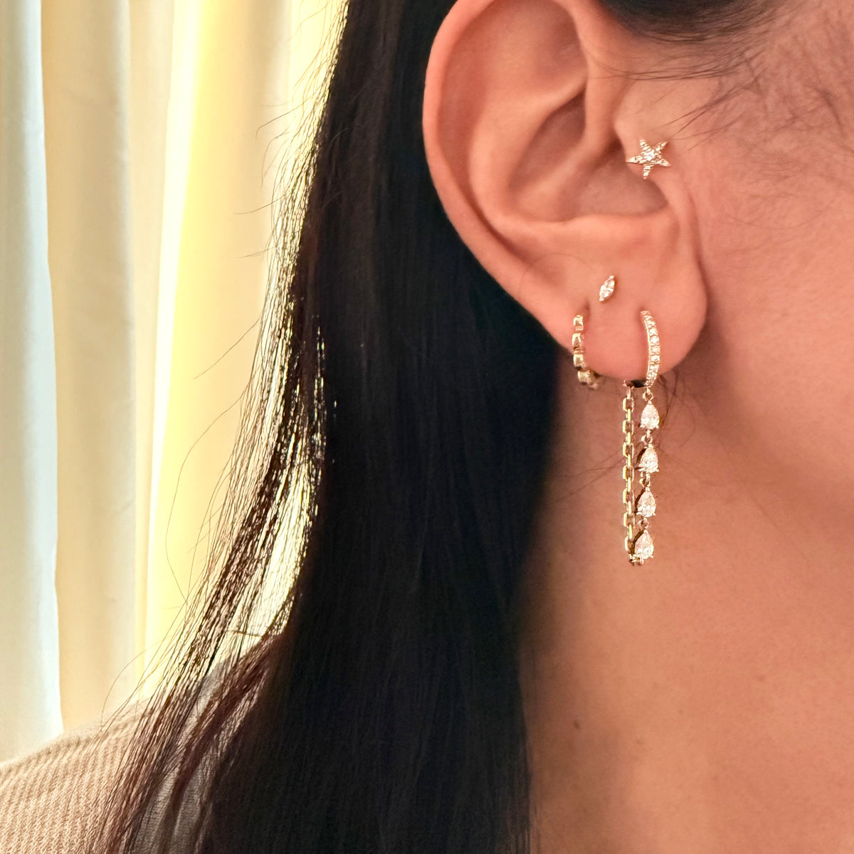 14KT Gold Pear Cut Diamonds Loop Earring