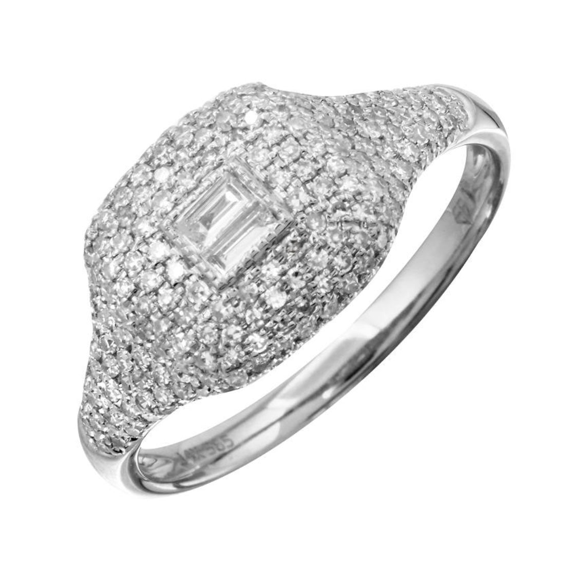 14KT Gold Pave and Baguette Diamond Cushion Pinky Ring