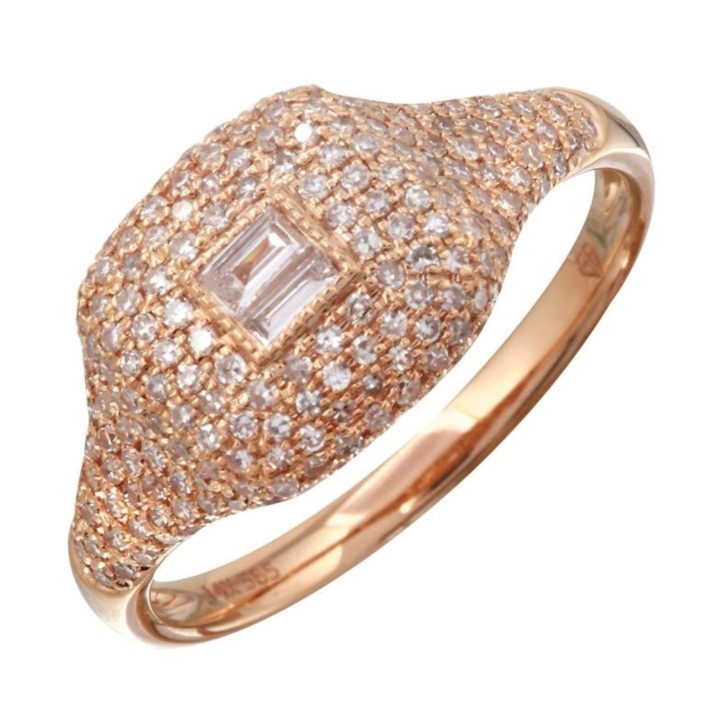 14KT Gold Pave and Baguette Diamond Cushion Pinky Ring