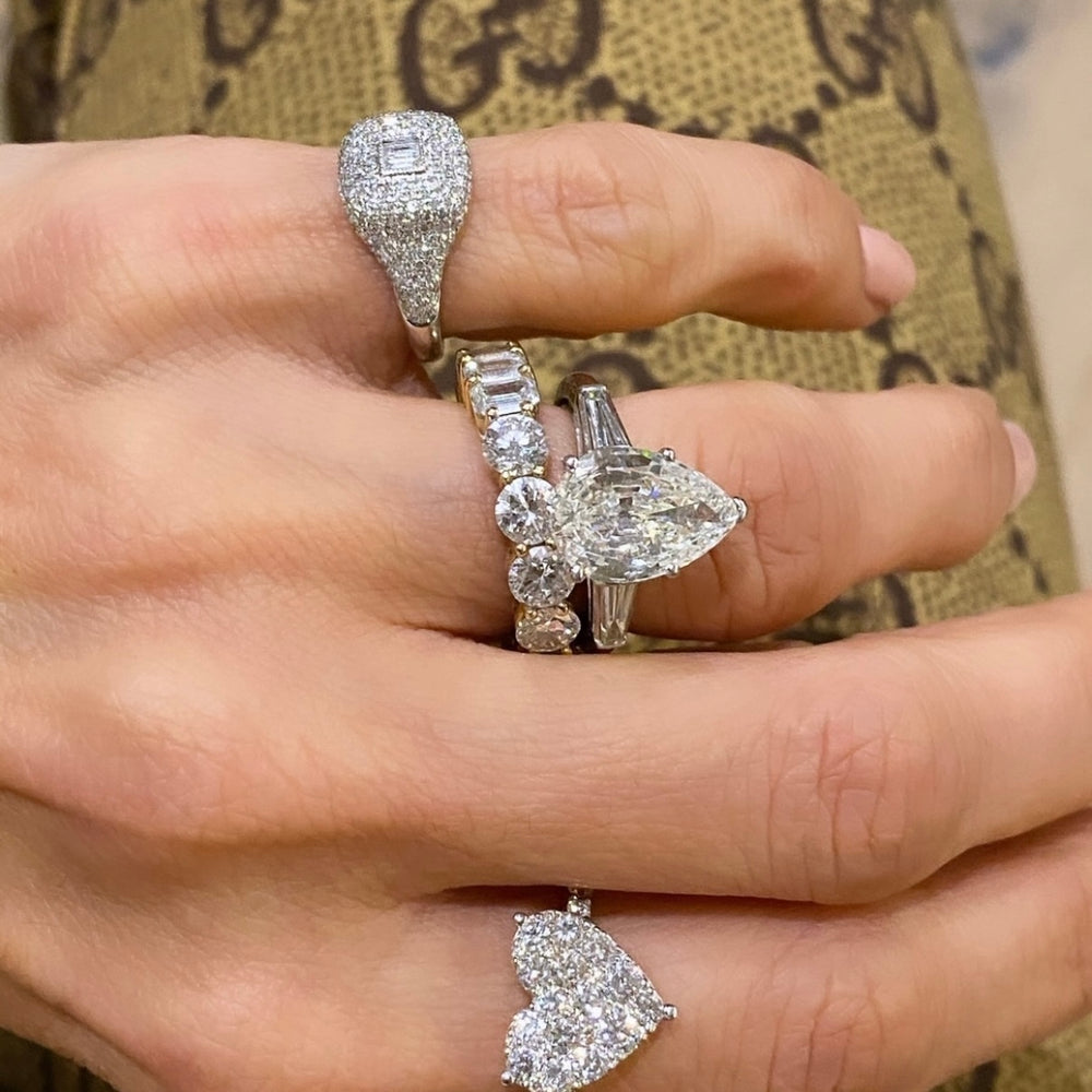 14KT Gold Pave and Baguette Diamond Cushion Pinky Ring