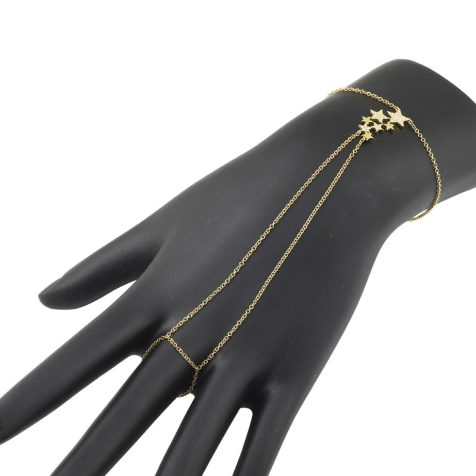 14KT Gold Diamond Cluster Stars Finger Bracelet Hand Chain