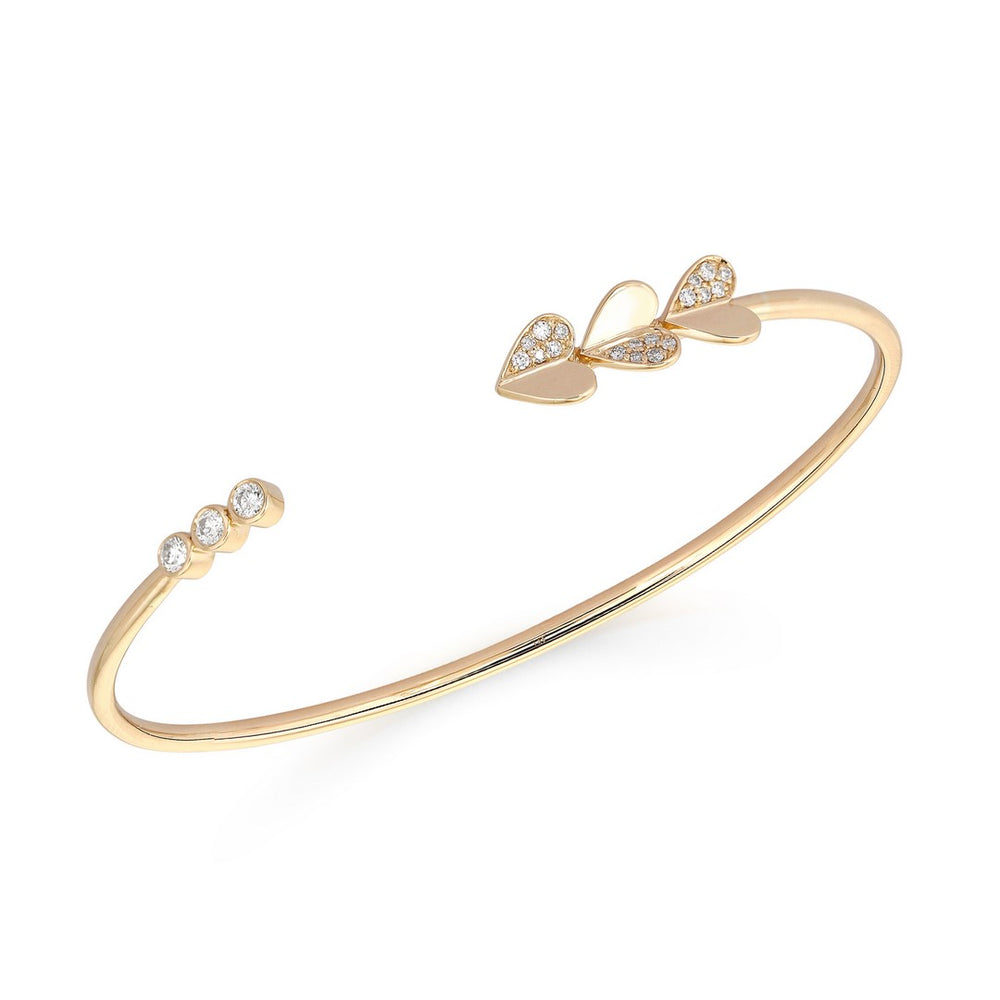 14KT Gold Diamond Heart Cluster Cuff Bangle Bracelet