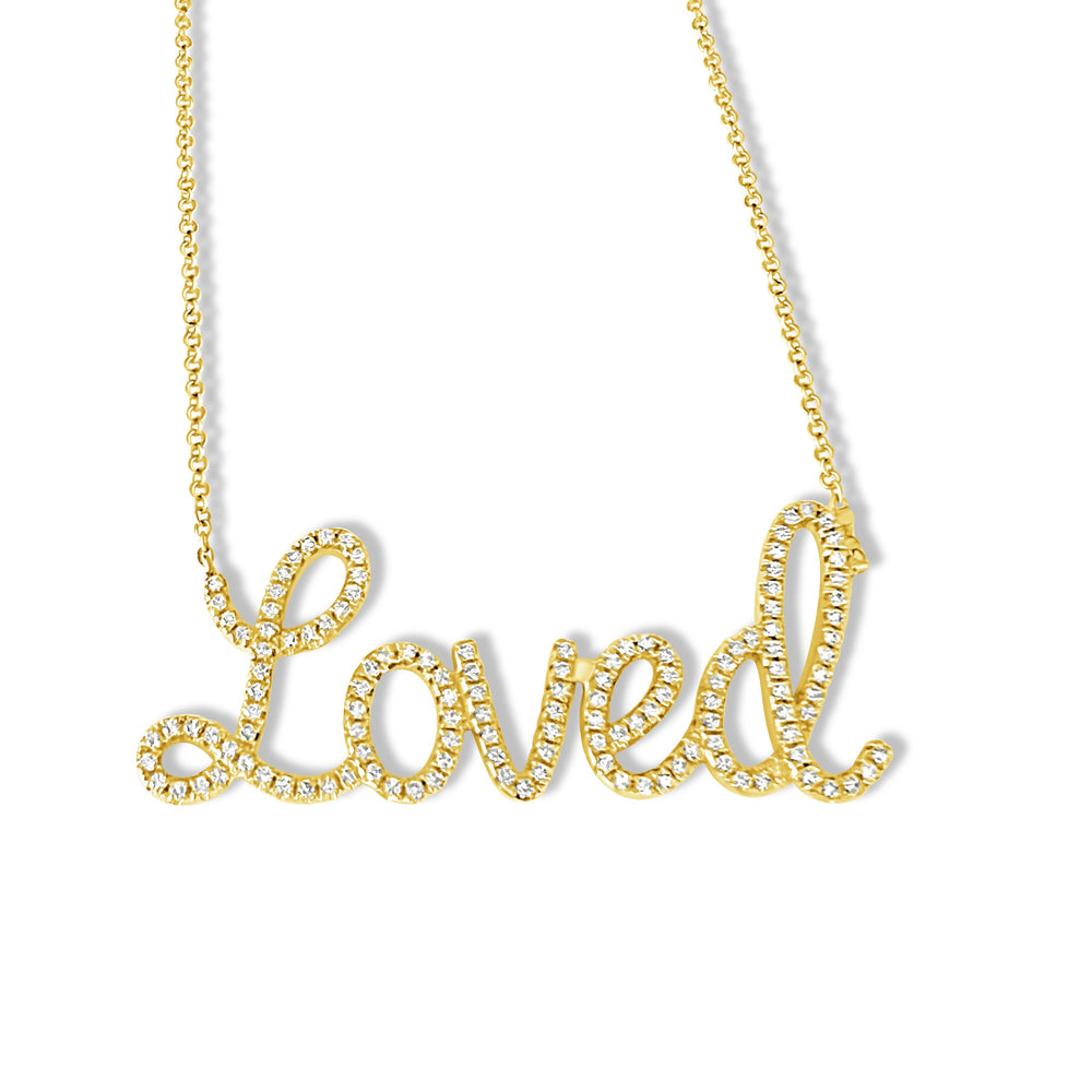 14KT Gold Diamond Jumbo Script Loved Necklace