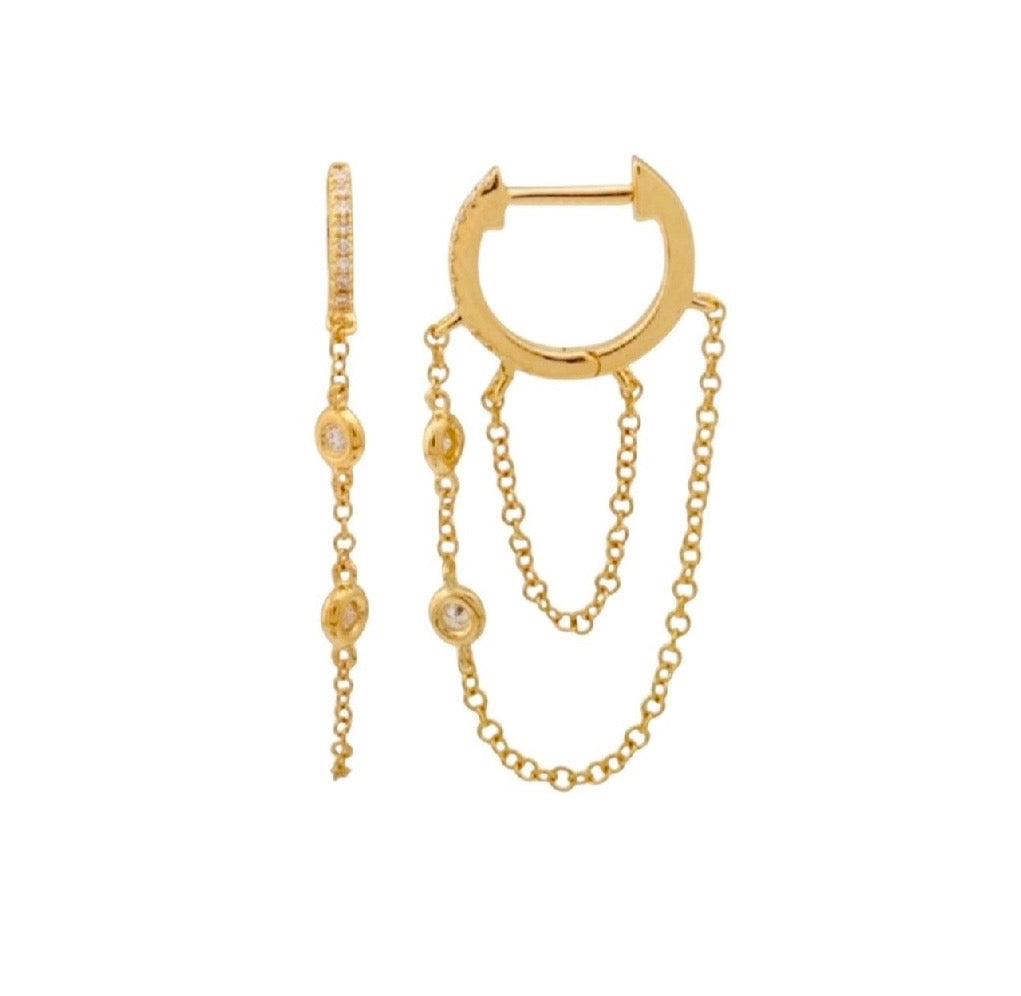14KT Gold Diamond Kiki Chain Loop Huggie Earrings
