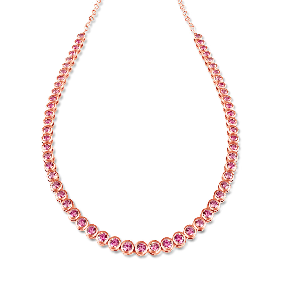 14KT Gold Pink Sapphire Bezel Set Tennis Necklace