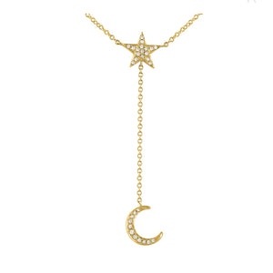 14KT Gold Diamond Mini Moon and Star Lariat Necklace