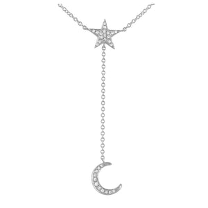 14KT Gold Diamond Mini Moon and Star Lariat Necklace