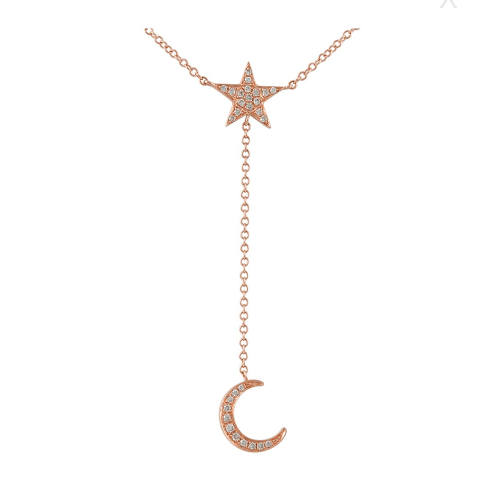 14KT Gold Diamond Mini Moon and Star Lariat Necklace