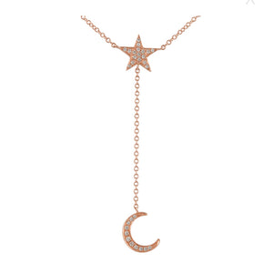 14KT Gold Diamond Mini Moon and Star Lariat Necklace