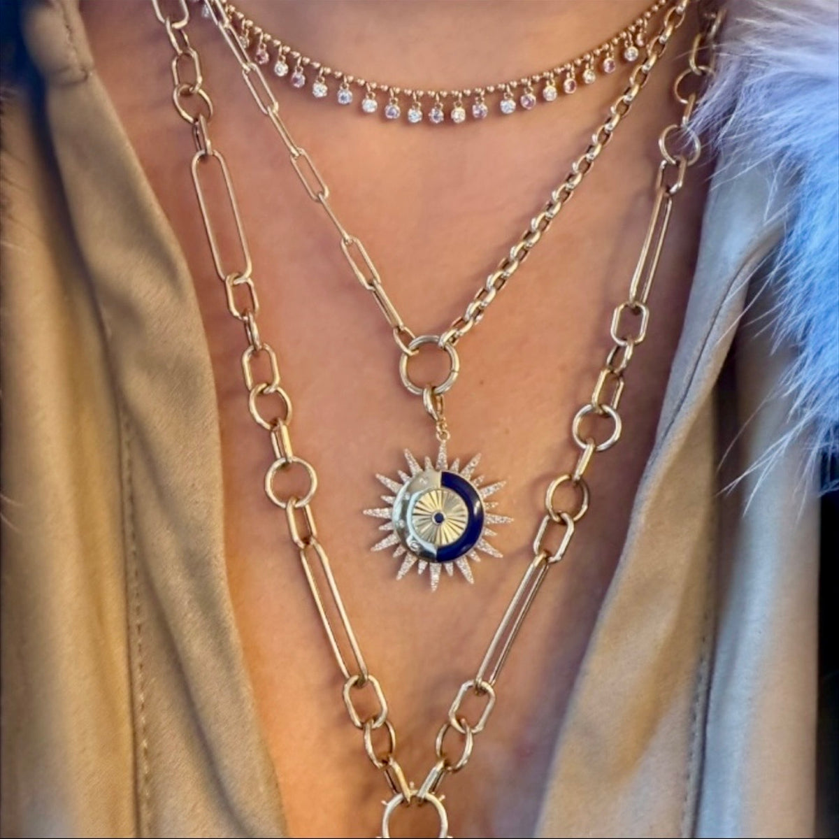 14KT Gold Diamond Lapis Sunburst Pendant Charm