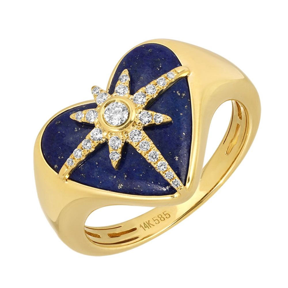 14KT Gold Diamond Lapis Star Signet Ring