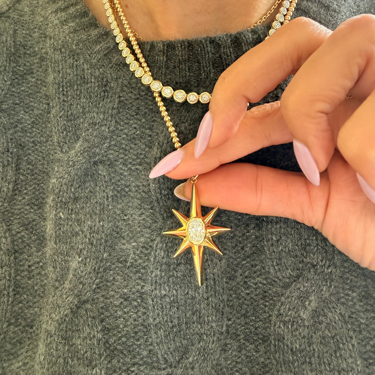 14KT Gold Large Star with 1.25ct Oval Lab Diamond Pendant Charm