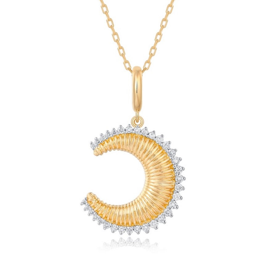 14KT Gold Diamond Fluted Crescent Pendant Charm