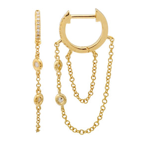 14KT Gold Diamond Chain Huggie Earrings