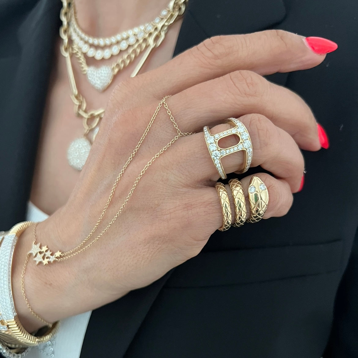 14KT Gold Diamond Cluster Stars Finger Bracelet Hand Chain