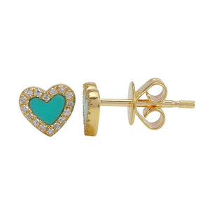 14KT Gold Diamond Mini Turquoise Heart Stud Earrings