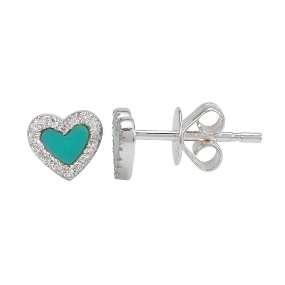 14KT Gold Diamond Mini Turquoise Heart Stud Earrings